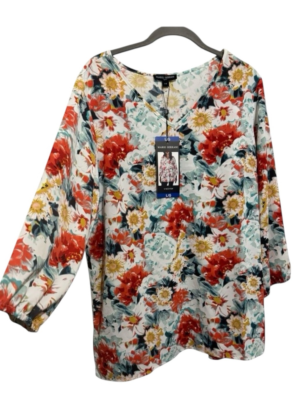 Mario Serrani Floral Tunic Top 3/4 Sleeves Relaxed Blouse Office Boho NWT Size L